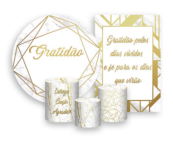 Kit 2 Painéis De Festa + Trio De Capas Cilindro - Gratidão Geométrico Dourado 026