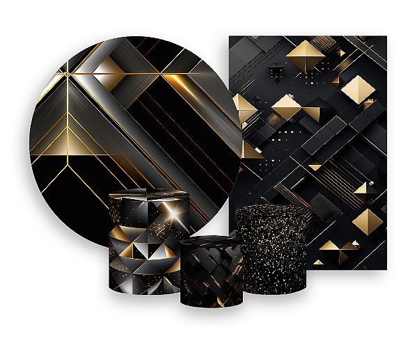Kit 2 Painéis De Festa + Trio De Capas Cilindro - Preto com Geométrico Dourado 028