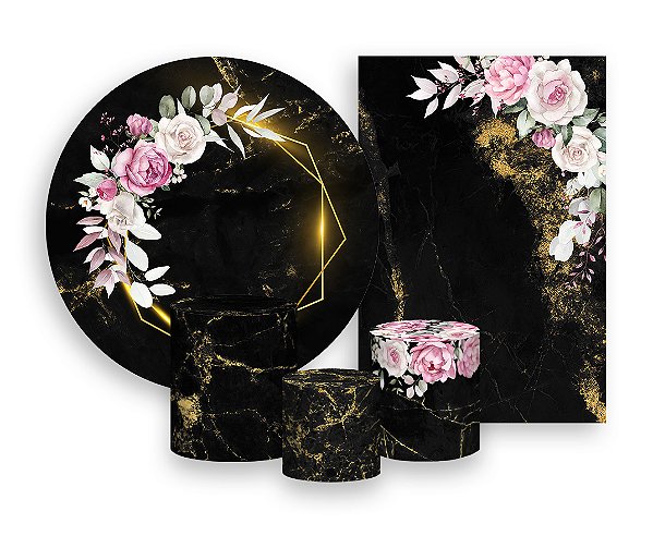 Kit 2 Painéis De Festa + Trio De Capas Cilindro - Geométrico Dourado com Flores Rosas 029