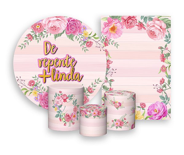 Kit 2 Painéis De Festa + Trio De Capas Cilindro - De repente Mais Linda Rosa Floral 001