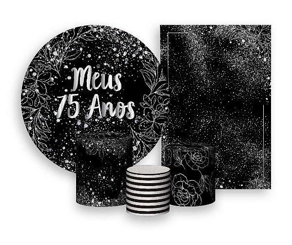 Kit 2 Painéis De Festa + Trio De Capas Cilindro - Meus 75 Anos Efeito Brilhos Prateados 007