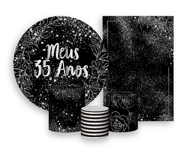 Kit 2 Painéis De Festa + Trio De Capas Cilindro - Meus 35 Anos Efeito Brilhos Prateados 016
