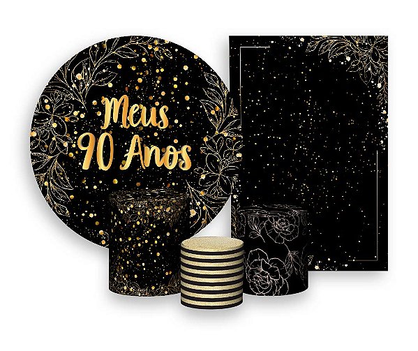 Kit 2 Painéis De Festa + Trio De Capas Cilindro - Meus 90 Anos Efeito Brilhos Dourados 022