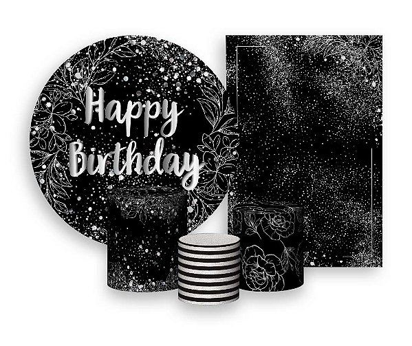 Kit 2 Painéis De Festa + Trio De Capas Cilindro - Happy Birthday Efeito Brilhos Prateados 039