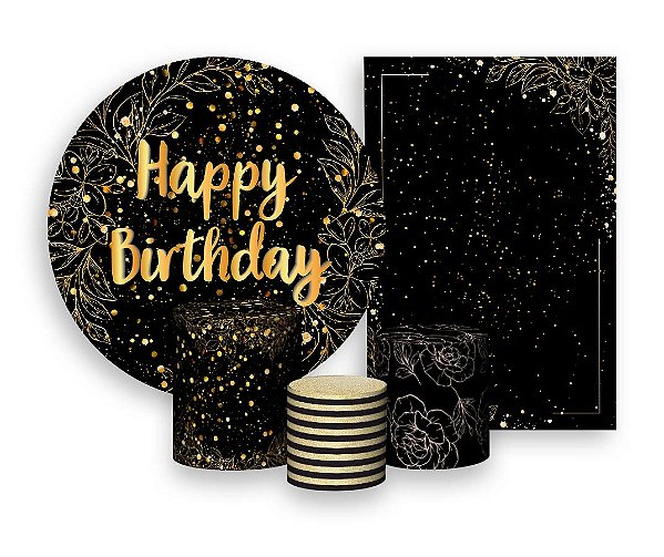 Kit 2 Painéis De Festa + Trio De Capas Cilindro - Happy Birthday Efeito Brilhos Dourados 040