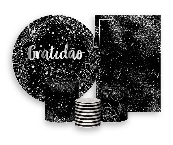Kit 2 Painéis De Festa + Trio De Capas Cilindro - Gratidão Efeito Brilhos Prateados 041