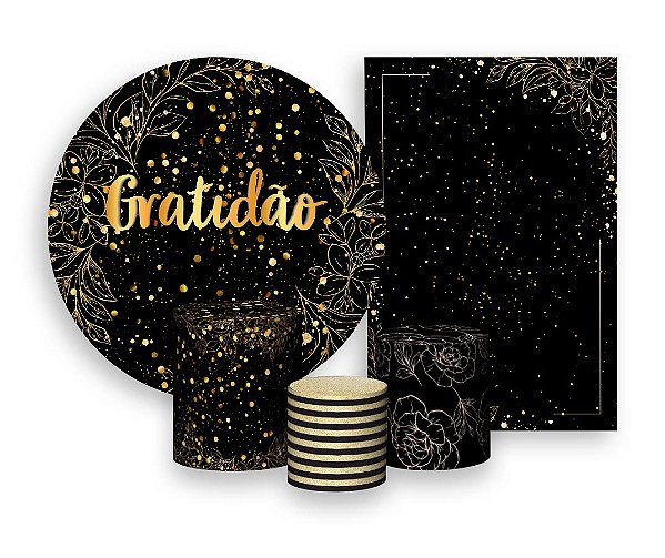 Kit 2 Painéis De Festa + Trio De Capas Cilindro - Gratidão Efeito Brilhos Dourados 042