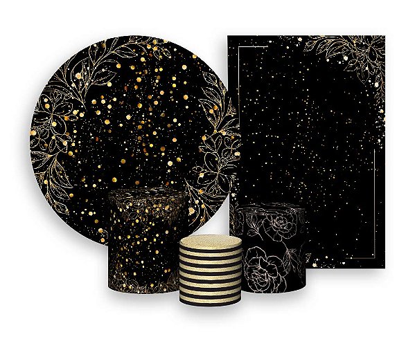 Kit 2 Painéis De Festa + Trio De Capas Cilindro - Preto com Efeito Brilhos Dourados 048