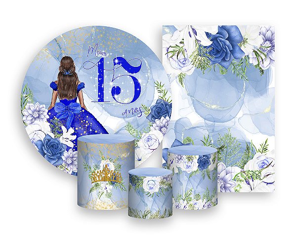 Kit 2 Painéis De Festa + Trio De Capas Cilindro - Meus 15 Anos Princesa Azul 049