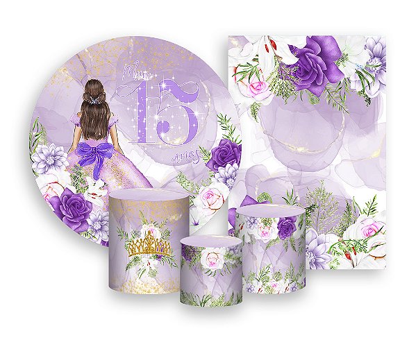 Kit 2 Painéis De Festa + Trio De Capas Cilindro - Meus 15 Anos Princesa Lilás 050