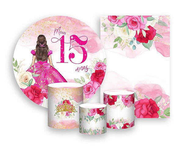 Kit 2 Painéis De Festa + Trio De Capas Cilindro - Meus 15 Anos Princesa Pink 051