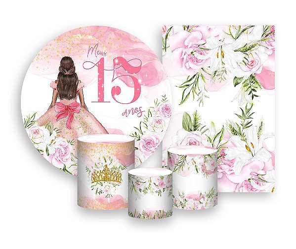 Kit 2 Painéis De Festa + Trio De Capas Cilindro - Meus 15 Anos Princesa Rosa 052