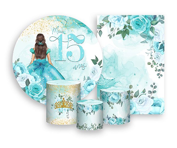 Kit 2 Painéis De Festa + Trio De Capas Cilindro - Meus 15 Anos Princesa Azul Esverdeado 053