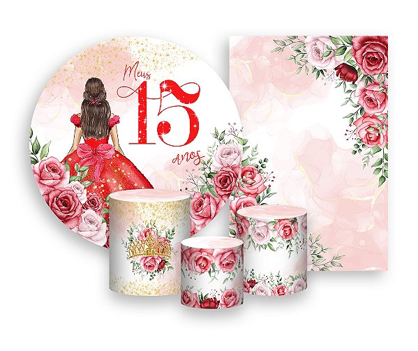 Kit 2 Painéis De Festa + Trio De Capas Cilindro - Meus 15 Anos Princesa Vermelho 054