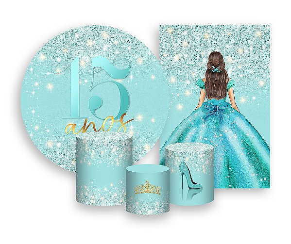 Kit 2 Painéis De Festa + Trio De Capas Cilindro - Meus 15 Anos Princesa Azul Esverdeado Efeito Brilhos 055