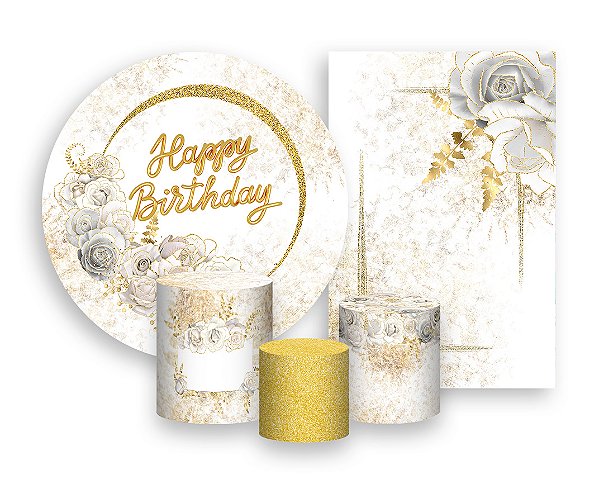 Kit 2 Painéis De Festa + Trio De Capas Cilindro - Happy Birthday Flores Brancas 055