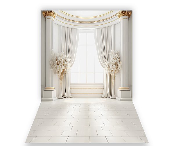 Fundo Fotográfico 1,50 x  2,70 - Gestante Janela Branco com Dourado 019