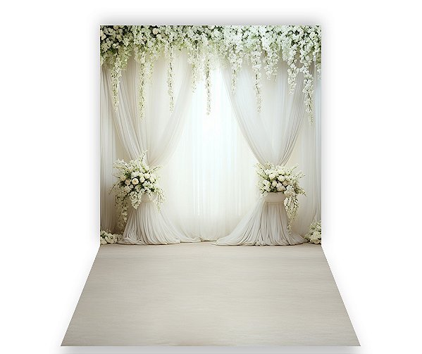 Fundo Fotográfico 1,50 x  2,70 - Gestante Efeito Cortinas Voil Branca com Flores 020
