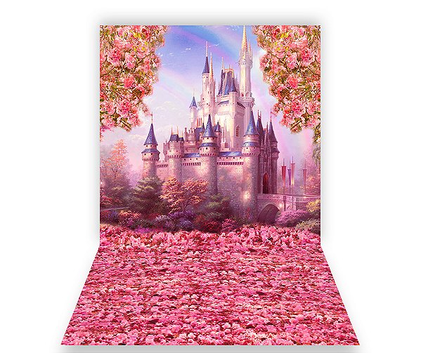 Fundo Fotográfico 1,50 x  2,70 - Castelo Flores e Árvores Rosa 019