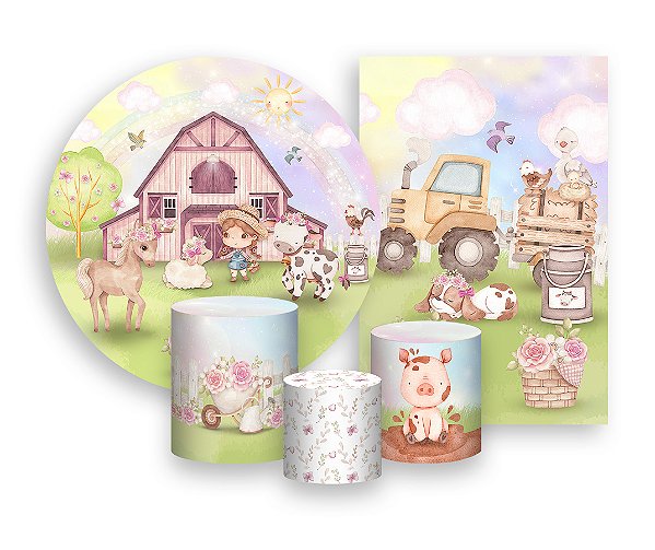 Kit 2 Painéis De Festa + Trio De Capas Cilindro - Fazendinha Cute 007