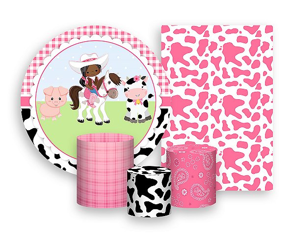 Kit 2 Painéis De Festa + Trio De Capas Cilindro - Fazendinha Vaqueira Cute 008