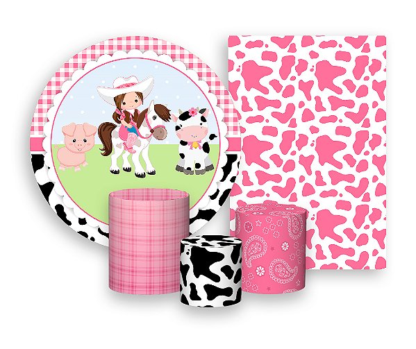 Kit 2 Painéis De Festa + Trio De Capas Cilindro - Fazendinha Vaqueira Rosa 009