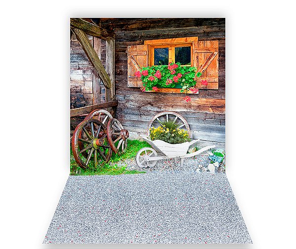 Fundo Fotográfico 1,50 x  2,70 - Carriola de Flores Com Piso De Pedrinhas 082