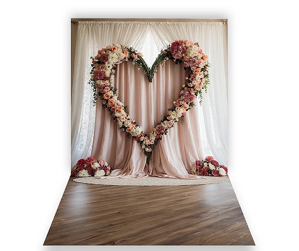 Fundo Fotográfico 1,50 x  2,70 - Coração Rústico com Flores Bege e Rosa 155