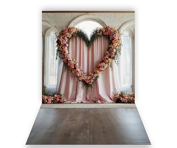 Fundo Fotográfico 1,50 x  2,70 - Coração Folhagens com Flores 157