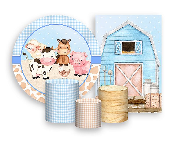 Kit 2 Painéis De Festa + Trio De Capas Cilindro - Fazendinha Celeiro Azul e Bege 013