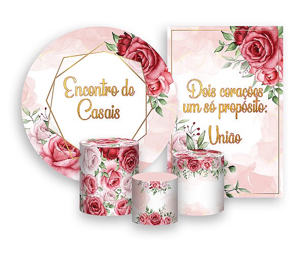 Kit 2 Painéis De Festa + Trio De Capas Cilindro - Encontro de Casais Geométrico Floral 005