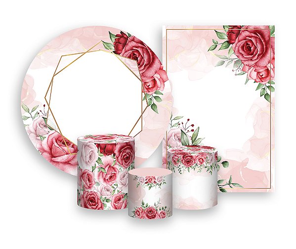 Kit 2 Painéis De Festa + Trio De Capas Cilindro - Geométrico Floral Rosa 006