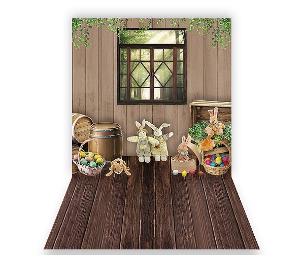 Fundo Fotográfico 1,50 x  2,70 - Páscoa Casinha com Coelhos de Pelúcia 012