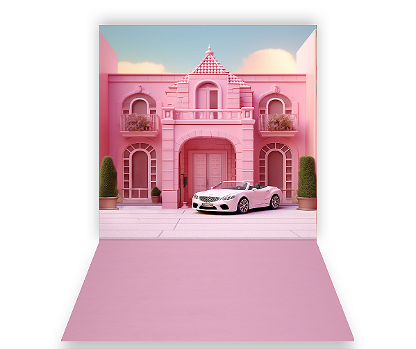Fundo Fotográfico 1,50 x  2,70 - Casa de Princesa Rosa com Carro Branco  021