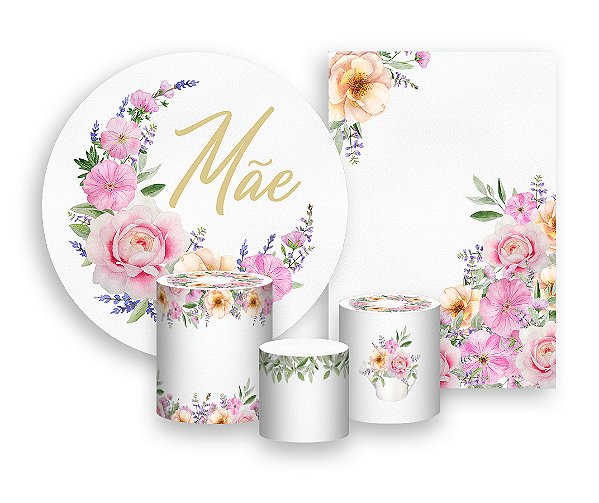 Kit 2 Painéis De Festa + Trio De Capas Cilindro - Dia das Mães Lua Floral 016