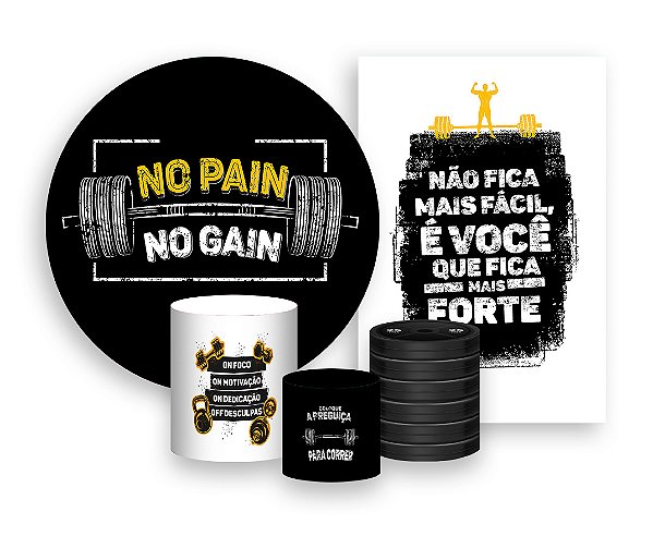 Kit 2 Painéis De Festa + Trio De Capas Cilindro - Academia No Pain No Gain 004