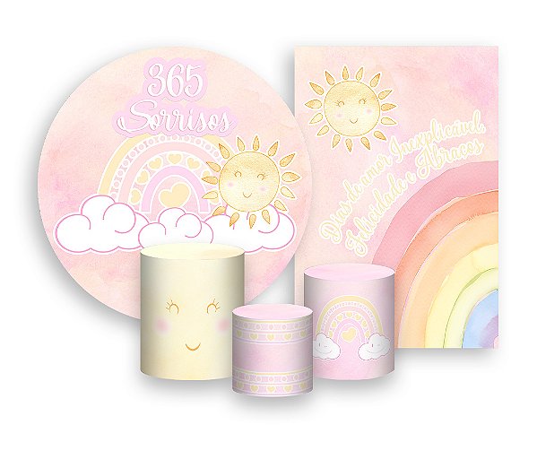 Kit 2 Painéis De Festa + Trio De Capas Cilindro - 365 Sorrisos Amarelo e Rosa 011