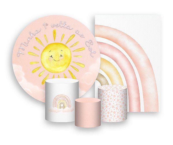 Kit 2 Painéis De Festa + Trio De Capas Cilindro - Primeira Volta ao Sol Céu Rosa 012