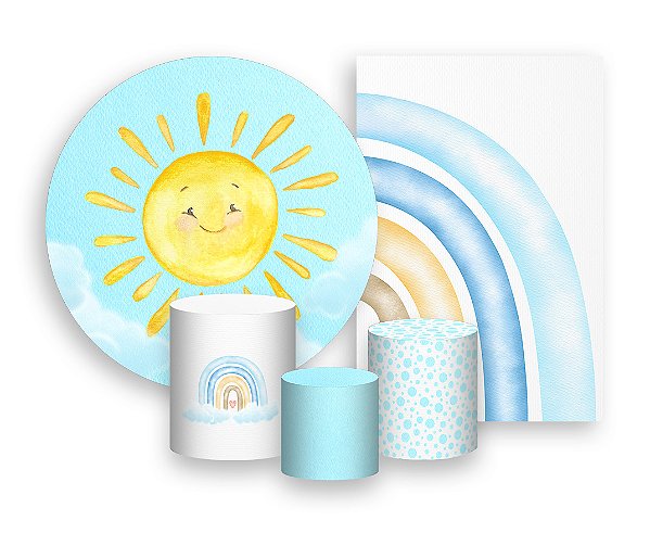 Kit 2 Painéis De Festa + Trio De Capas Cilindro - Primeira Volta ao Sol Azul Aquarela 014