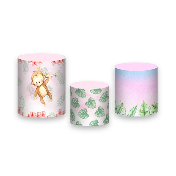 Trio De Capas De Cilindro - Safari Macaquinho e Folhagens Rosa 005