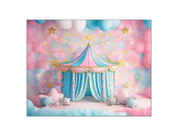Fundo Fotográfico 1,55 x 1,20 - New Born Circo Azul, Rosa e Dourado 033