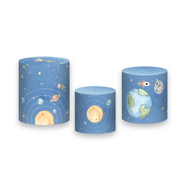 Trio De Capas De Cilindro - Astronauta Planetas Aquarela Azul 008