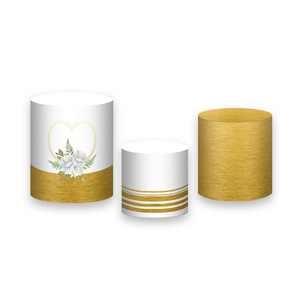 Trio De Capas De Cilindro - Noivado Flores Brancas com Dourado 003