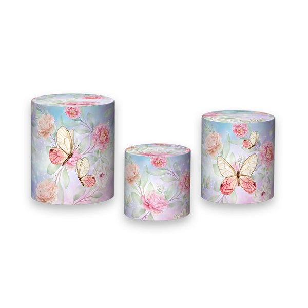 Trio De Capas De Cilindro - Borboletas Rosa e Bege 002