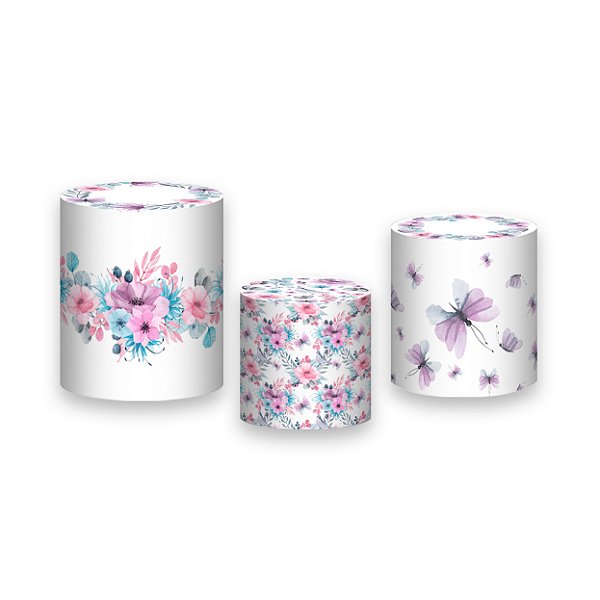 Trio De Capas De Cilindro - Borboletas e Flores Rosa e Lilás 004