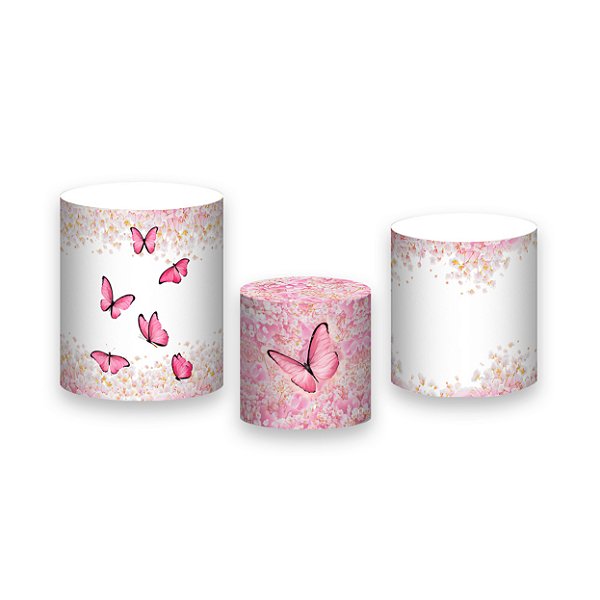 Trio De Capas De Cilindro - Borboletas Rosa Floral 023