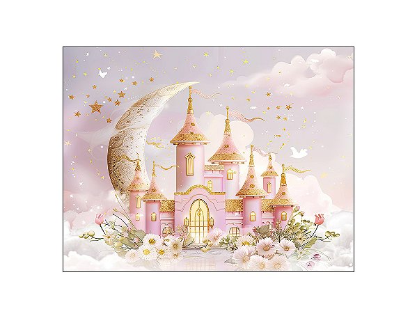 Fundo Fotográfico 1,55 x 1,20 - Castelo Rosa com Dourado e Flores 011