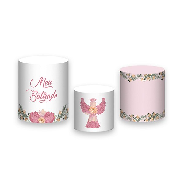 Trio De Capas De Cilindro - Meu Batizado Rosa Floral 013