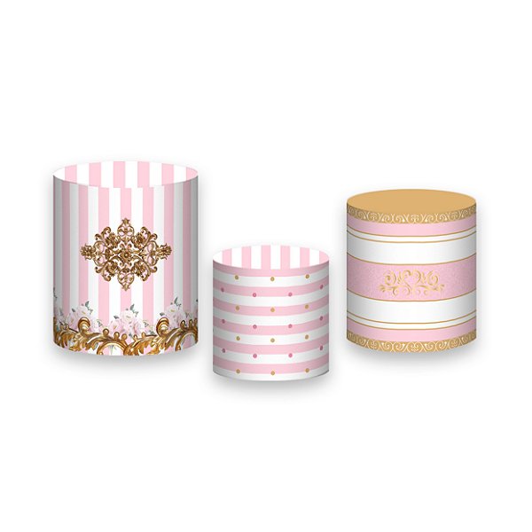 Trio De Capas De Cilindro - Realeza Rosa Suave com Dourado 005