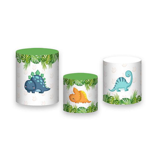 Trio De Capas De Cilindro - Dinossauros Cute com Folhagens 013
